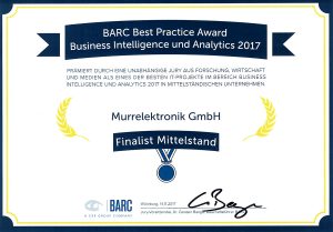 11/2017: Murrelektronik GmbH ist mit der SAP BI Lösung Sesam unter den Finalisten des „BARC Best Practice Award“, Kategorie BI im Mittelstand